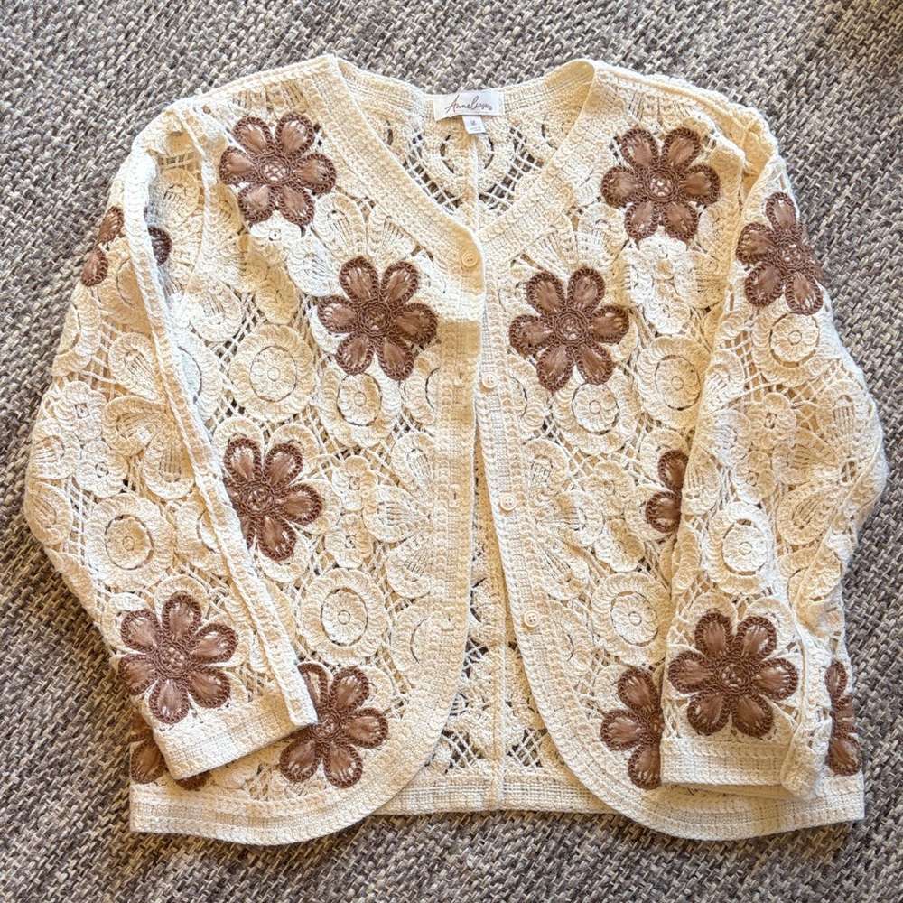 Anneliese Crocheted Cream and Brown Floral Lace Cardigan (A)